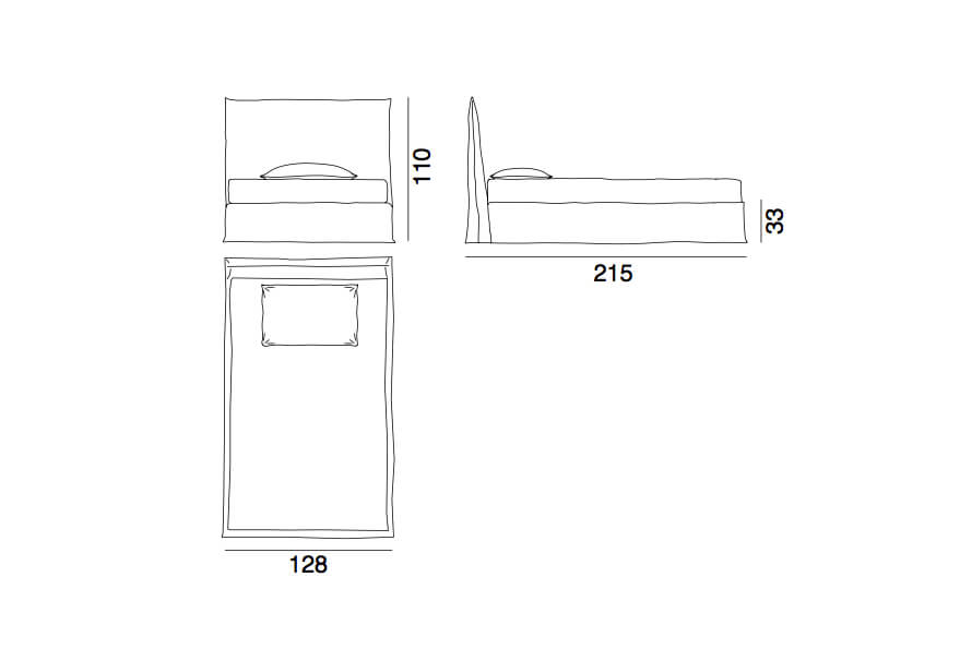 Ghost bed 80D - a small double bed by Gervasoni - technical drawing