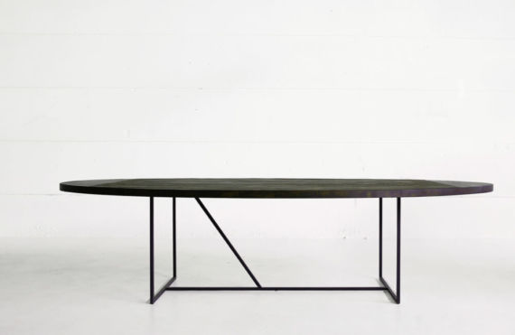 Mesa OV table with reclaimed teak top and charcoal finish by Heerenhuis