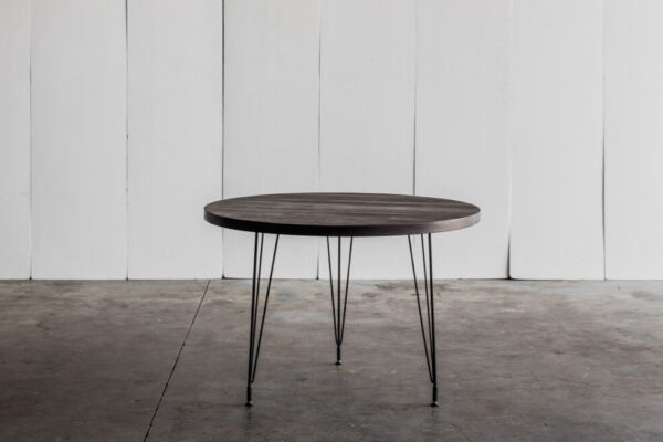 Sputnik table with 4cm thick top in reclaimed Teak with charcoal finish by Heerenhuis