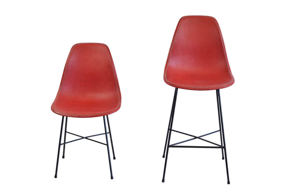 Hovy dining chair and Hovy bar stool in red leather by Sol & Luna