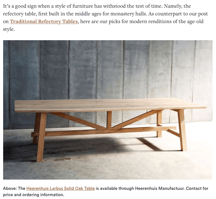 Remodelista article on modern refectory dining tables